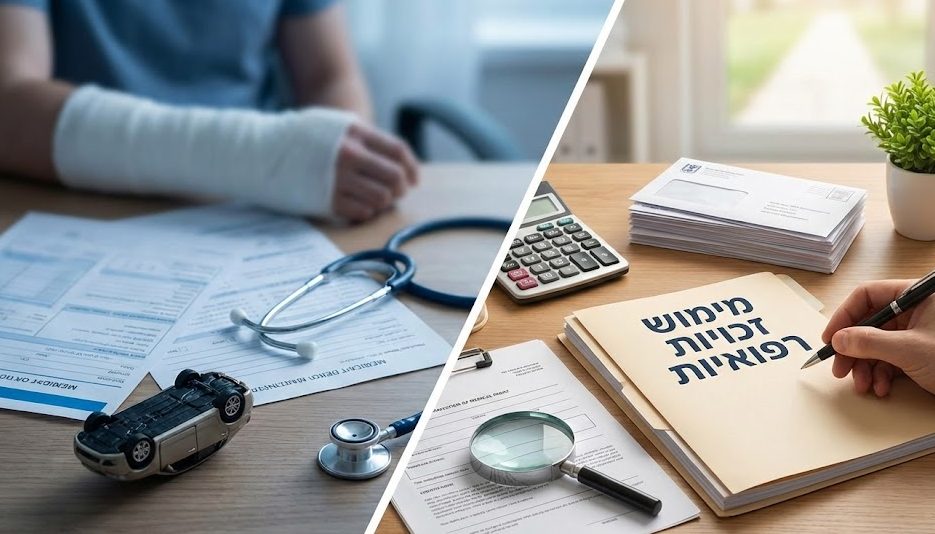 איור המציג את המעבר ממשבר כלכלי ונפשי לאחר אירוע רפואי לביטחון ומימוש זכויות. בצד שמאל גבר מודאג מול ערימת חשבונות בחדר חשוך, ובצד ימין אישה המקבלת יד מסייעת עם תיקייה עליה כתוב 'מימוש זכויות' על רקע זריחה אופטימית וצללית של משפחה מאוחדת